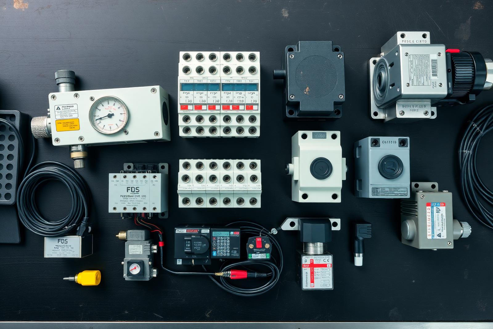 Flat lay of industrial components including transmitters, contactors and sensors